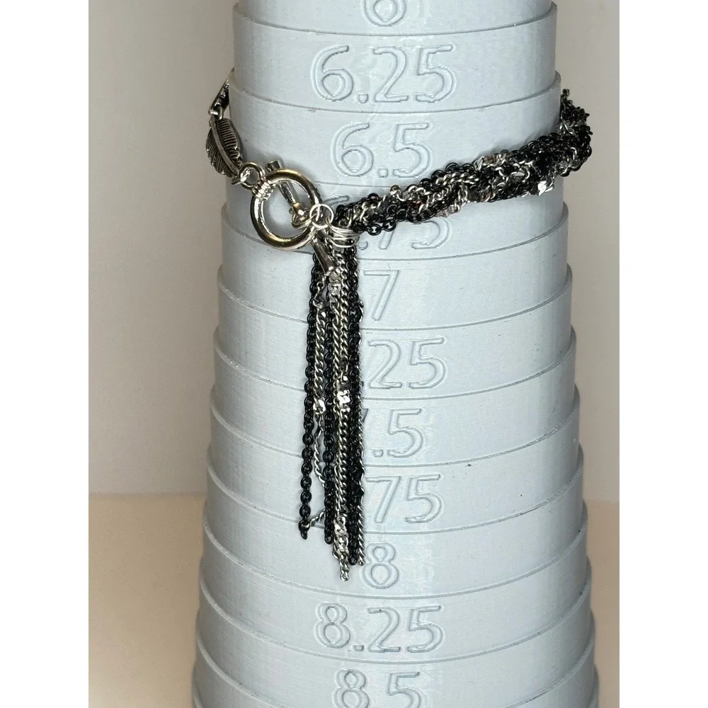 Mixed Metal Feather Tassel Bracelet Silver Black Multi Strand Toggle Clasp 6.75